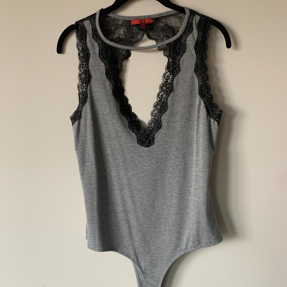 Madewell Bodysuit - Thick Straps - Grey with Black Lace Trip & Open Back